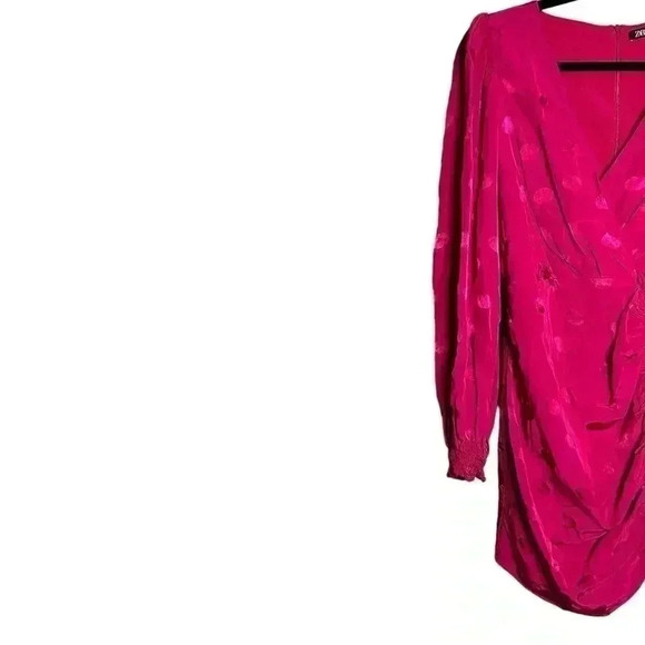 ZARA SHORT PINK FUCHSIA BARBIE POLKA DOT SATIN DRESS BALLOON SLEEVES Small - Picture 3 of 6